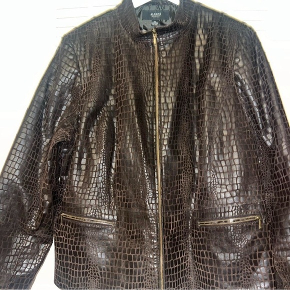 ALFANI Leather Jacket Womens 3x Brown Croc Snakeskin Pattern Zip Up Band Collar